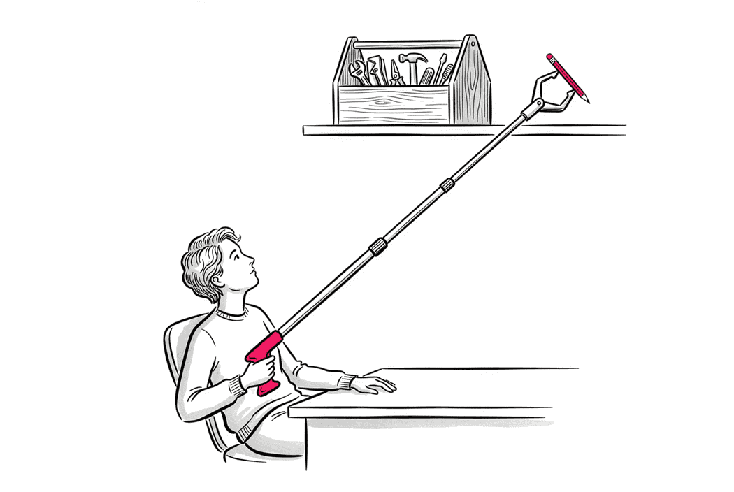 Illustration: A person using an extendable mechanical arm to write with a pen on a high shelf next to a toolbox.