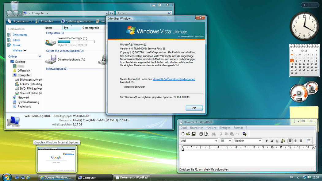A screenshot from Windows Vista, after the installation.