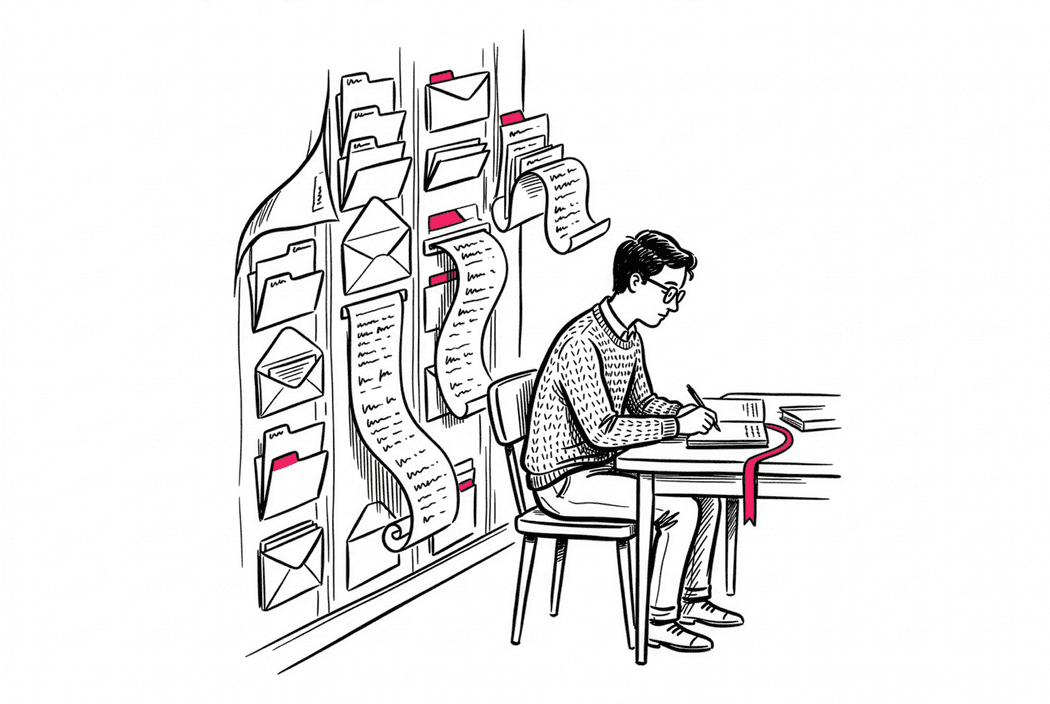 Illustration: A man sitting at a desk writing while surrounded by a wall of scrolling documents, emails, and notifications.