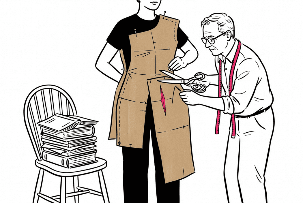Illustration: A tailor carefully cuts a garment on a standing model while a tall stack of books sits untouched on a chair nearby.