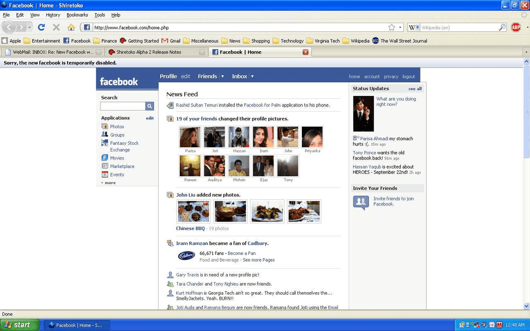 Screenshot of the old Facebook profile layout circa 2008, showing the blue-and-white design with a news feed and wall posts.