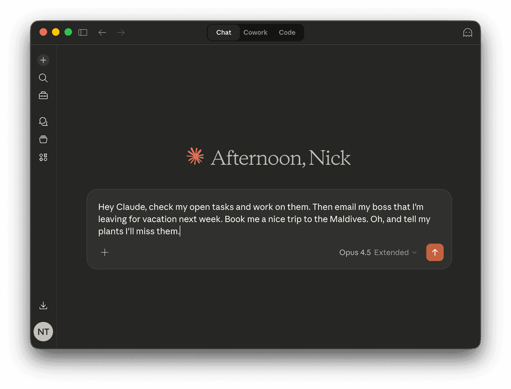 Screenshot of Claude's chat interface showing a message asking it to check tasks, email a boss, book a Maldives trip, and tell the plants goodbye.