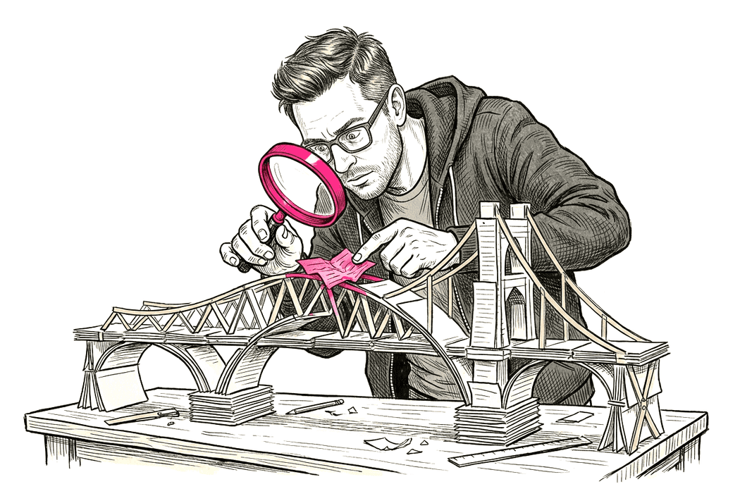 Illustration: An engineer examining a bridge model closely with a magnifying glass