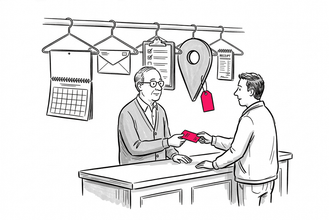 Illustration: A concierge behind a counter hands a card to a customer, while icons for a calendar, envelope, checklist, location pin, and receipt hang above them.